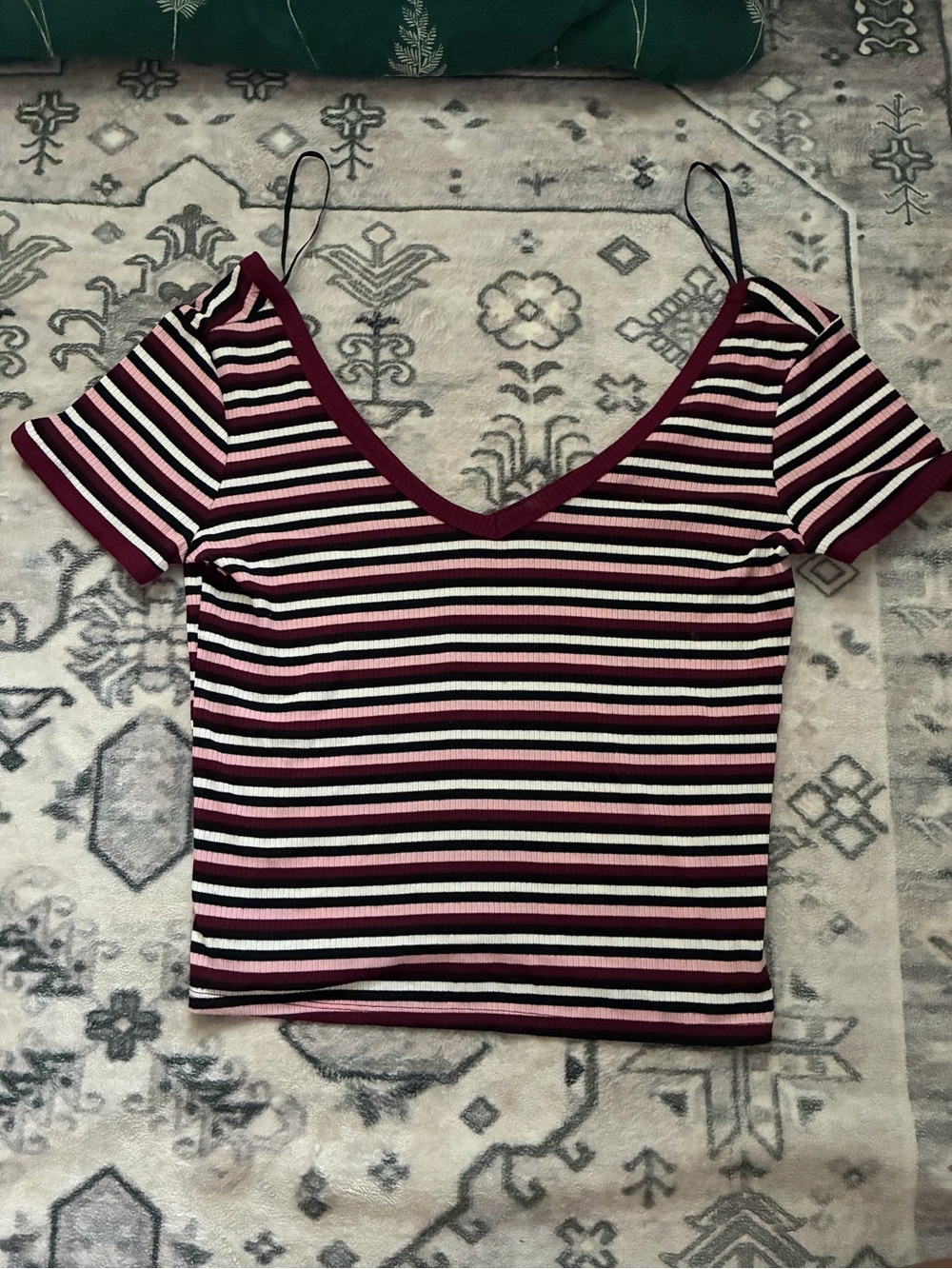 Forever 21 Burgundy, Black & White Striped V-Neck Crop Top